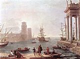 Port Canvas Paintings - Port Scene with the Departure of Ulysses from the Land of the Feaci